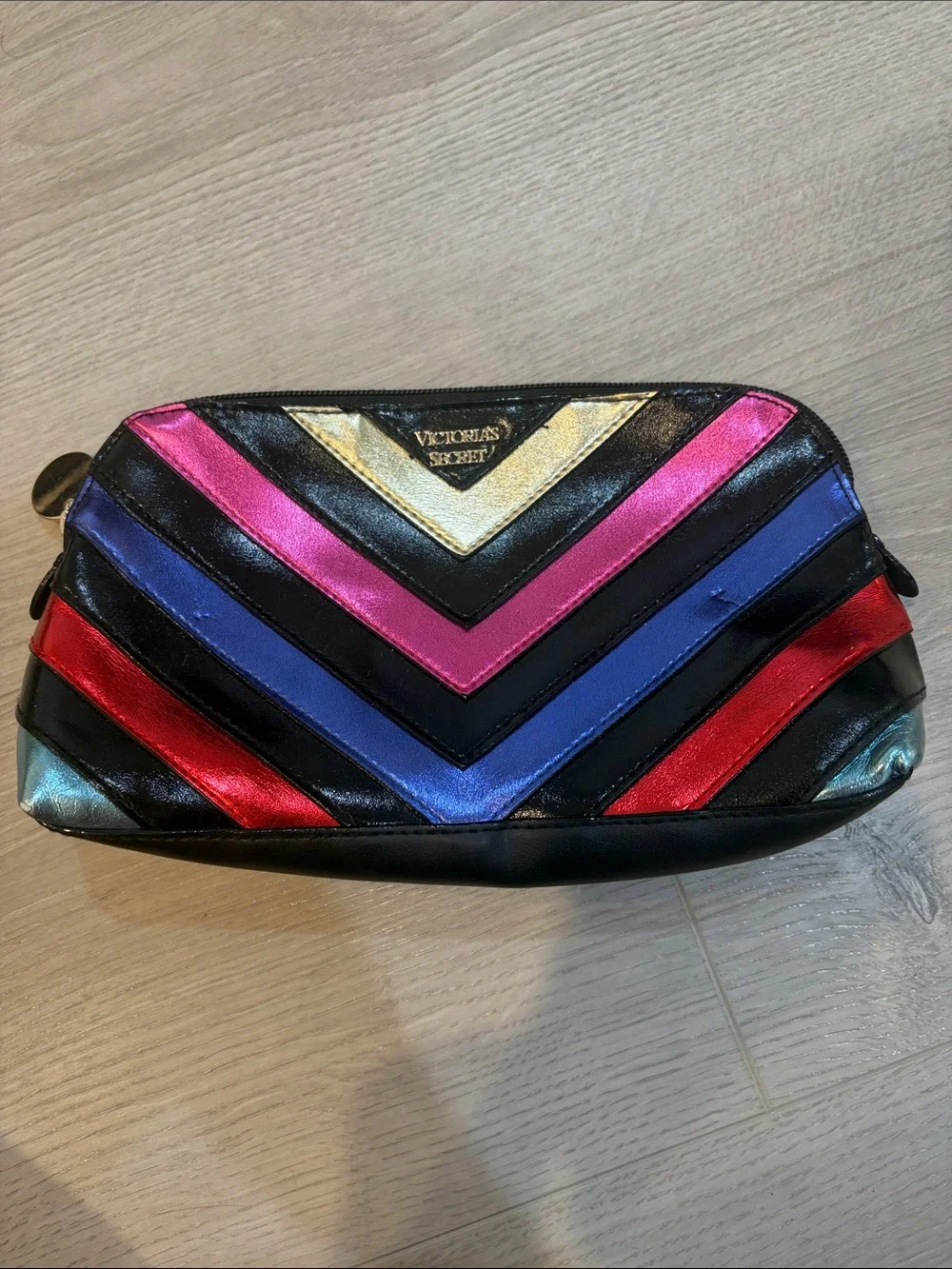 Victoria's Secret Metallic Chevron Cosmetic Pouch - Black, Pink, Blue, Red, Gold